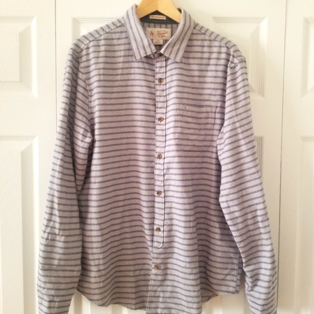 Penguin an original Heritage Slim Fit Mens L Gray Long Sleeve Button Down
